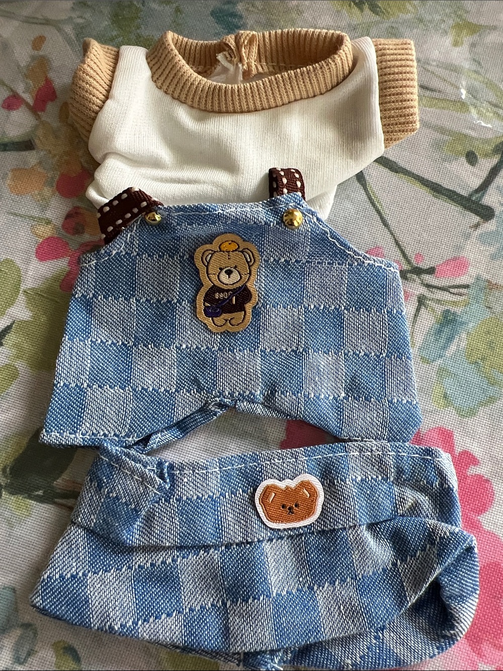 Doll’s Clothes Blue Plaid Overalls, Skirt and Cream Top Set - Cute Bear Patch